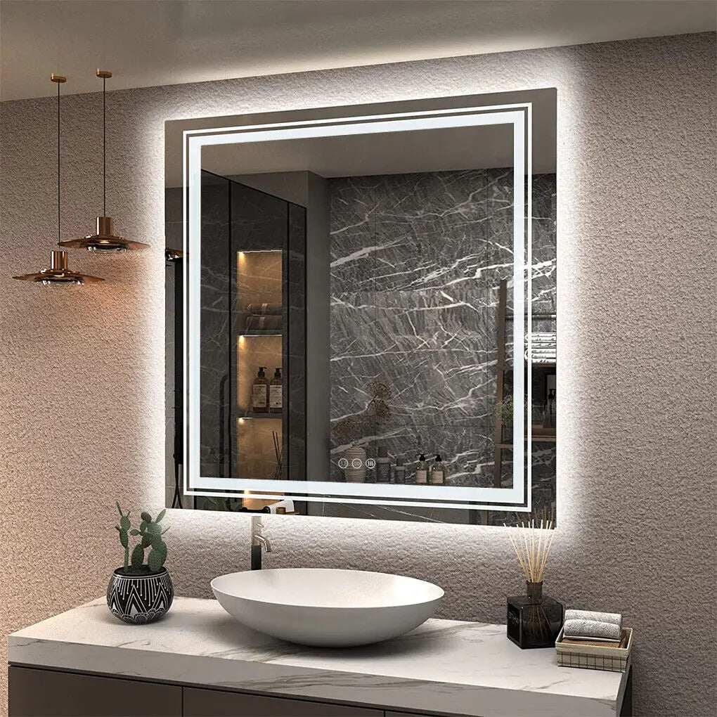 LUVODI Square Illuminated Wall Bathroom Mirror