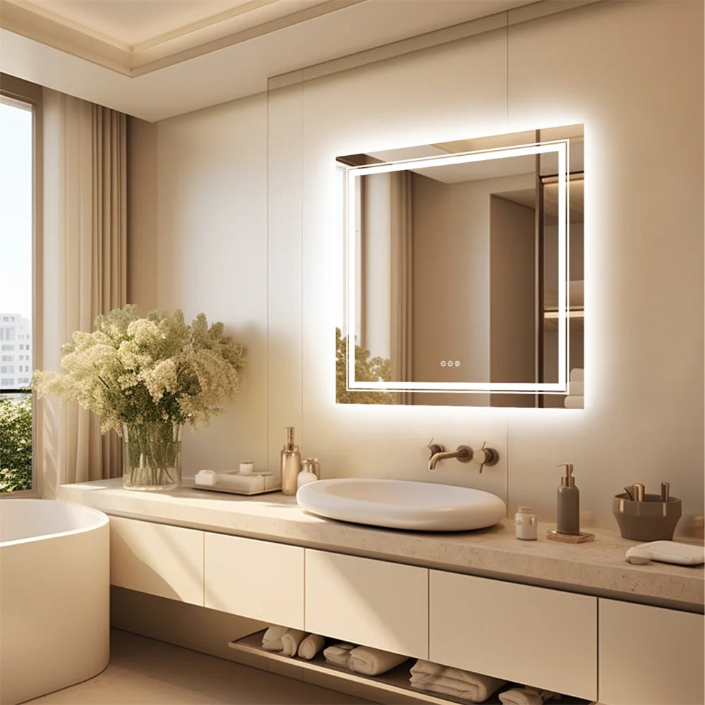 LUVODI Square Illuminated Wall Bathroom Mirror