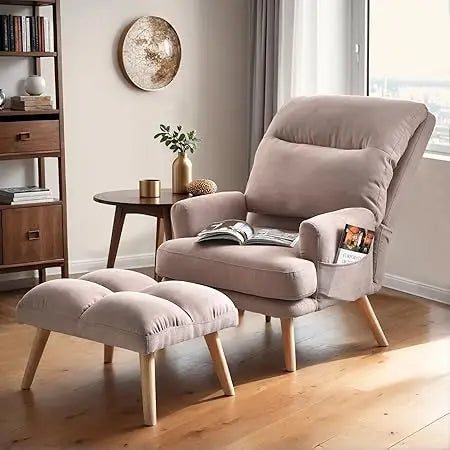 Reclining Chair with Ottoman, Accent Reading Chair with Footrest and Side Pocket, Modern Lounge Recliner for Indoor Living Room