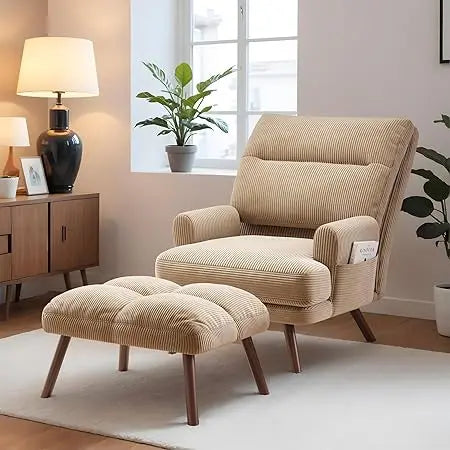 Reclining Chair with Ottoman, Accent Reading Chair with Footrest and Side Pocket, Modern Lounge Recliner for Indoor Living Room