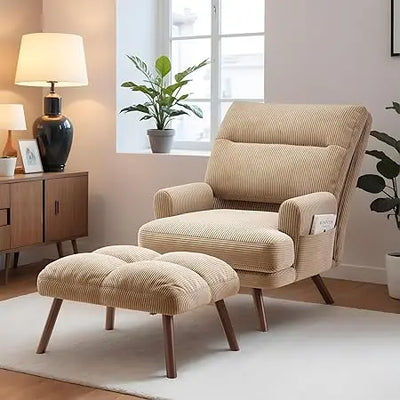 Reclining Chair with Ottoman, Accent Reading Chair with Footrest and Side Pocket, Modern Lounge Recliner for Indoor Living Room