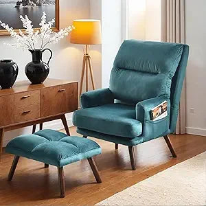 Reclining Chair with Ottoman, Accent Reading Chair with Footrest and Side Pocket, Modern Lounge Recliner for Indoor Living Room