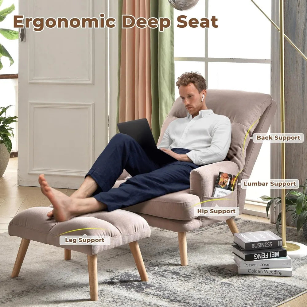 Reclining Chair with Ottoman, Accent Reading Chair with Footrest and Side Pocket, Modern Lounge Recliner for Indoor Living Room