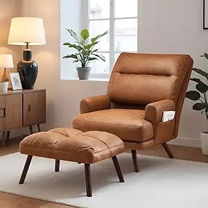 Reclining Chair with Ottoman, Accent Reading Chair with Footrest and Side Pocket, Modern Lounge Recliner for Indoor Living Room