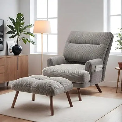 Reclining Chair with Ottoman, Accent Reading Chair with Footrest and Side Pocket, Modern Lounge Recliner for Indoor Living Room
