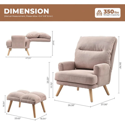 Reclining Chair with Ottoman, Accent Reading Chair with Footrest and Side Pocket, Modern Lounge Recliner for Indoor Living Room