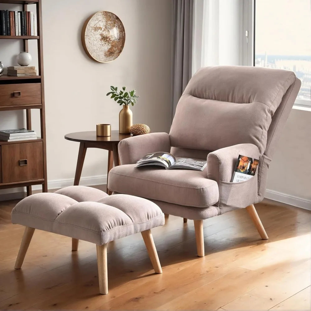 Reclining Chair with Ottoman, Accent Reading Chair with Footrest and Side Pocket, Modern Lounge Recliner for Indoor Living Room